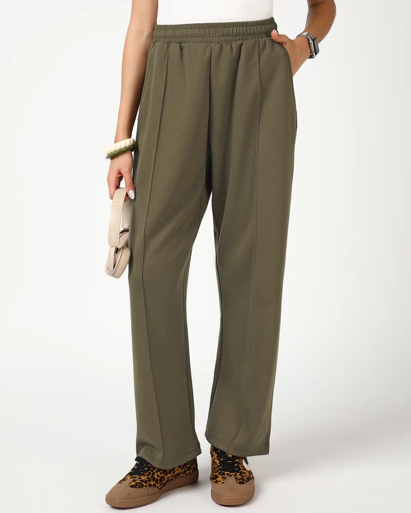 bewakoof Women's Dark Olive Green Wide Leg Track Pants